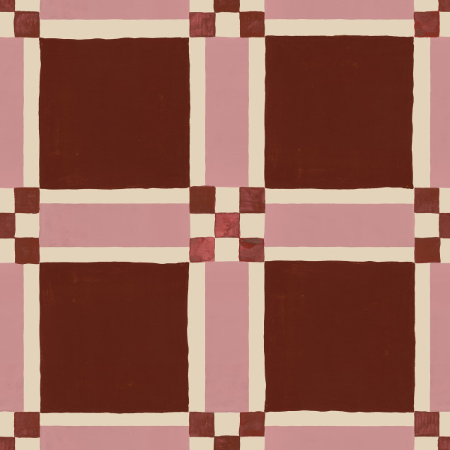 Tapet geometric burgund cu un copil jucându-se în cameră