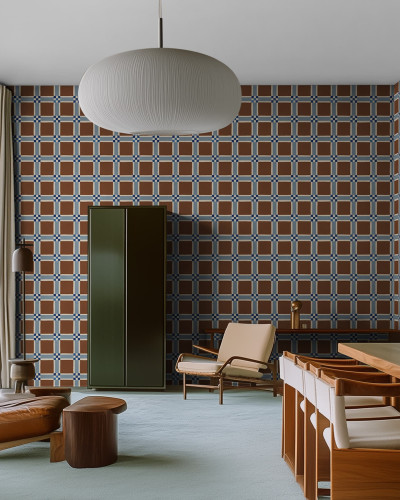 Tapet cu model geometric maro într-un interior elegant
