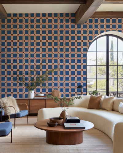 Tapet geometric albastru cu model grilă