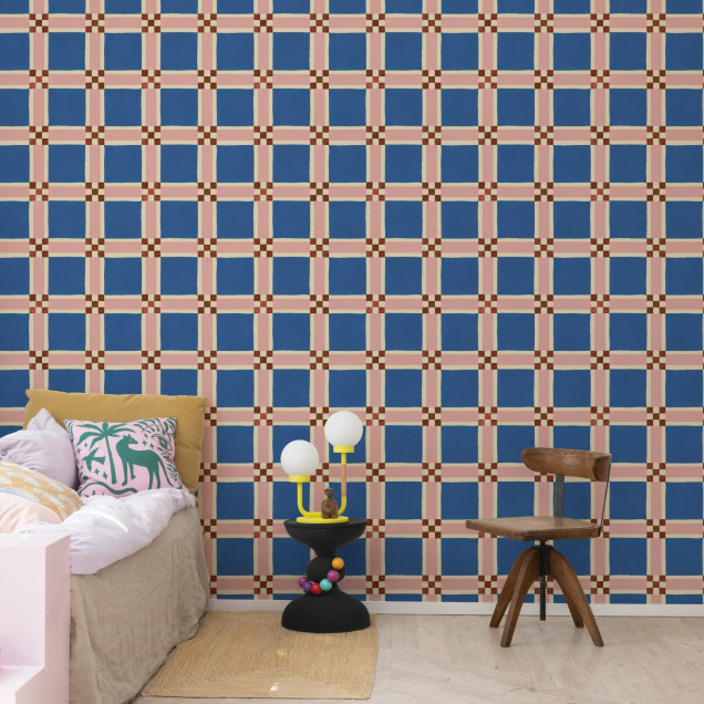 Tapet geometric albastru cu model grilă