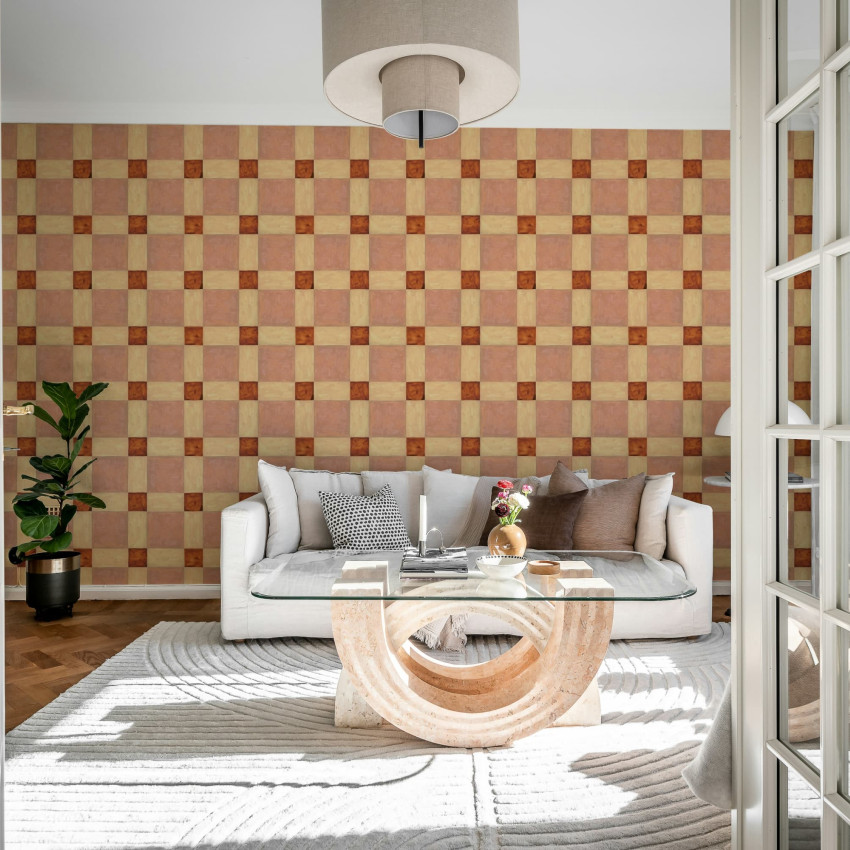 Tapet geometric verde și maro într-un living elegant