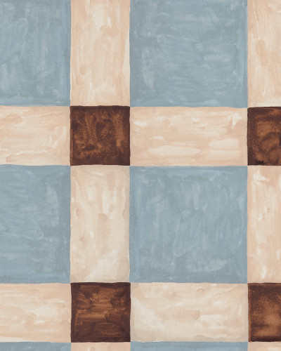 Tapet cu design geometric albastru și maro într-un interior modern
