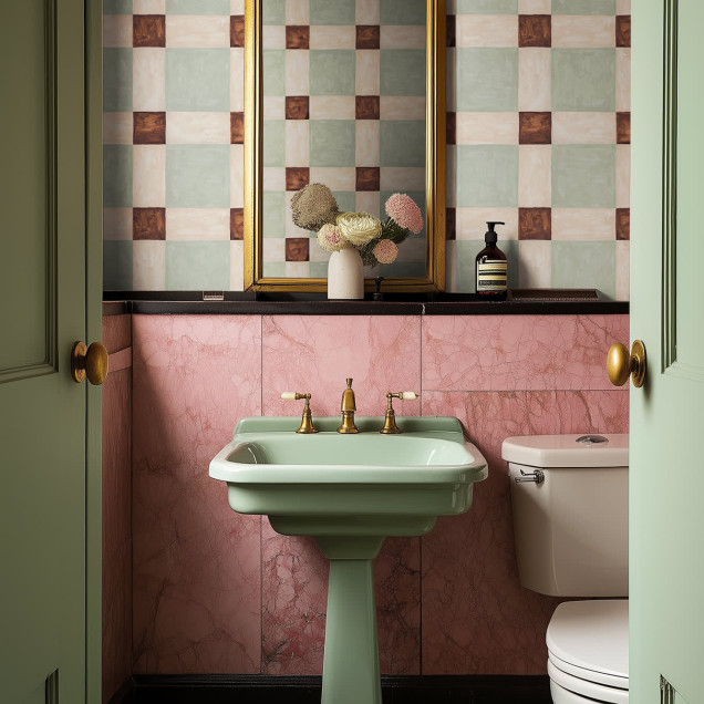 Tapet geometric verde și maro într-un living elegant