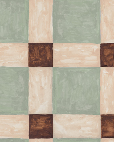 Tapet geometric verde și maro într-un living elegant