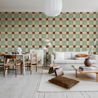 Tapet geometric verde și maro într-un living elegant