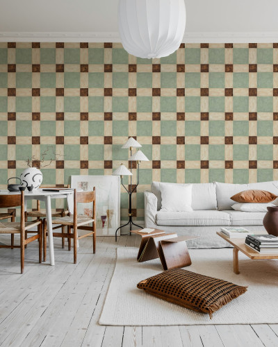 Tapet geometric verde și maro într-un living elegant