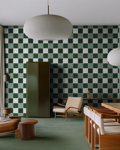 Tapet cu model de țiglă verde într-o cameră de zi modernă