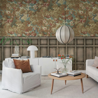 Fototapet cu design floral și panouri decorative într-un living elegant