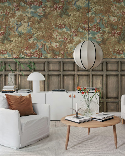 Fototapet cu design floral și panouri decorative într-un living elegant