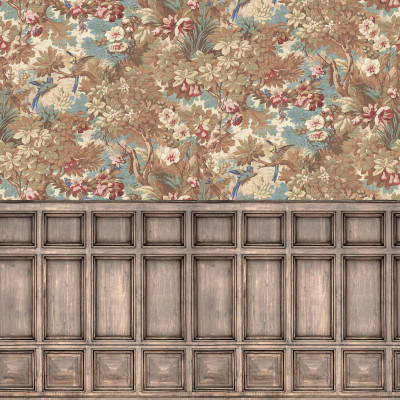 Fototapet cu design floral și panouri decorative într-un living elegant
