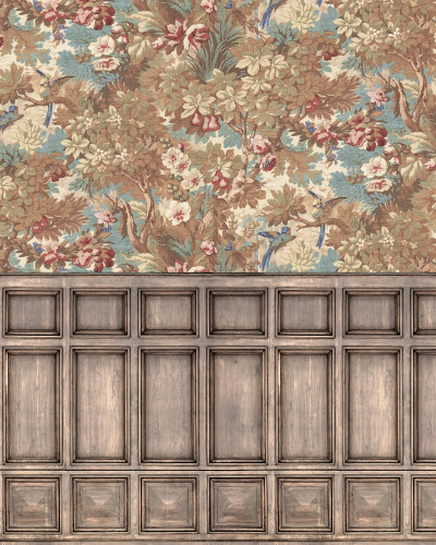 Fototapet cu design floral și panouri decorative într-un living elegant