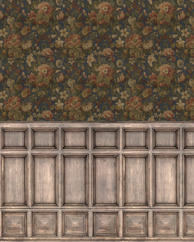 Tapet cu design floral vintage și panouri decorative într-un living elegant