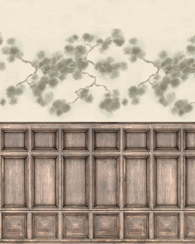 Dormitor cu tapet cu ramuri de pin și panouri decorative