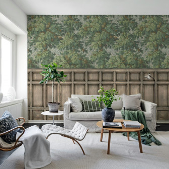 Fototapet cu design de pădure de conifere într-un living elegant