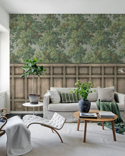 Fototapet cu design de pădure de conifere într-un living elegant