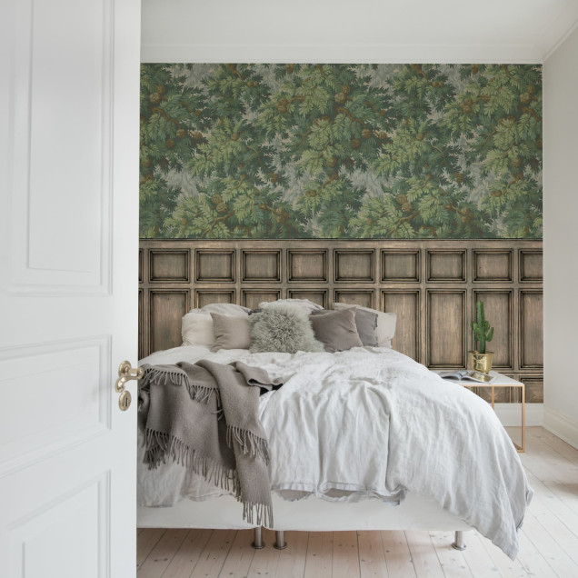 Fototapet cu design de pădure de conifere într-un living elegant