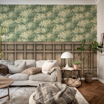 Tapet decorativ cu frunze vintage și panouri decorative într-un living elegant