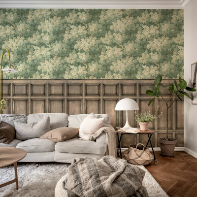 Tapet decorativ cu frunze vintage și panouri decorative într-un living elegant