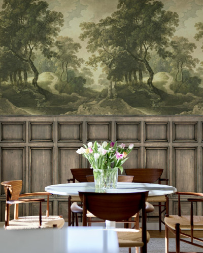 Tapet decorativ cu design de pădure vintage și panouri din lemn într-o sufragerie