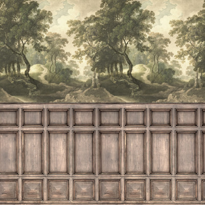 Tapet decorativ cu design de pădure vintage și panouri din lemn într-o sufragerie