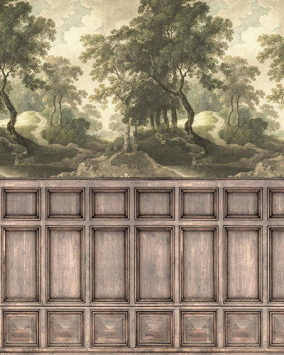 Tapet decorativ cu design de pădure vintage și panouri din lemn într-o sufragerie