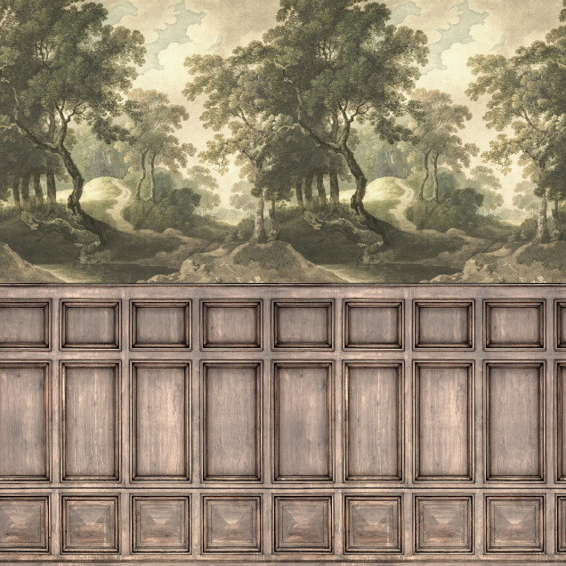 Tapet decorativ cu design de pădure vintage și panouri din lemn într-o sufragerie