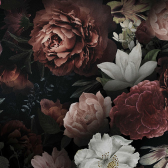 Fototapet floral cu nuanțe întunecate într-un dormitor elegant