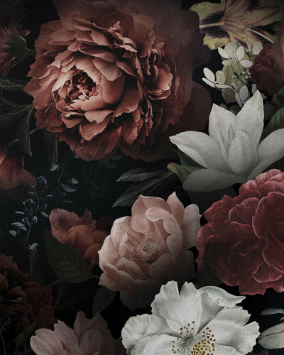 Fototapet floral cu nuanțe întunecate într-un dormitor elegant