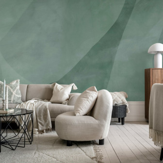Tapet abstract cu forme în nuanțe de albastru într-un living modern