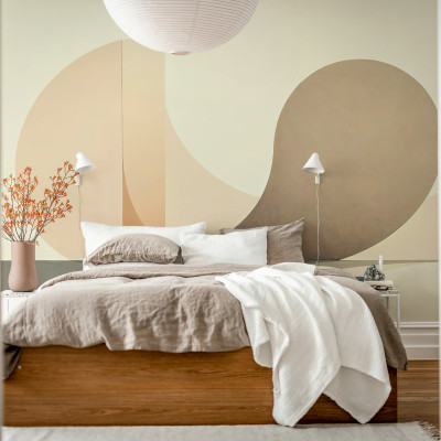 Dormitor decorat cu fototapet bej cu model circular