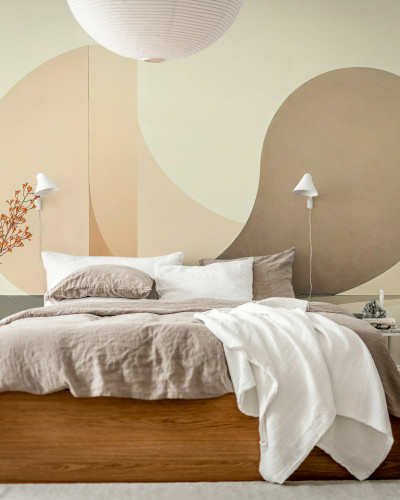 Dormitor decorat cu fototapet bej cu model circular