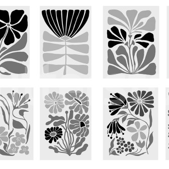 Tapet floral alb-negru într-un living modern