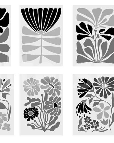 Tapet floral alb-negru într-un living modern