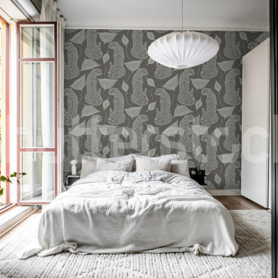 Dormitor decorat cu tapet cu imprimeu leopard gri