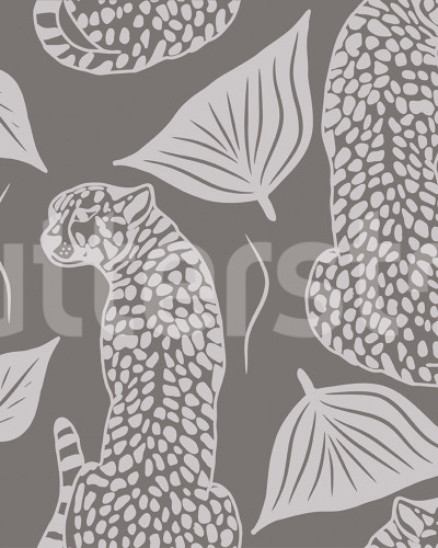 Dormitor decorat cu tapet cu imprimeu leopard gri