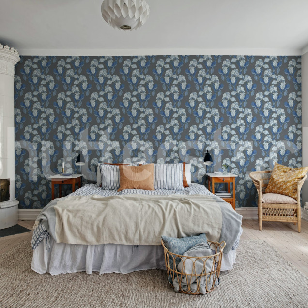 Tapet floral albastru in bucatarie