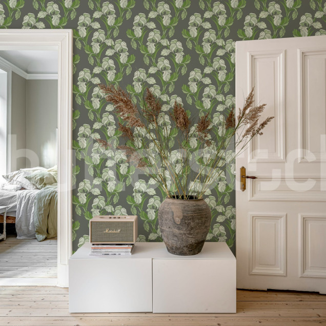 Tapet floral verde cu detalii delicate într-o sufragerie elegantă