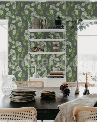 Tapet floral verde cu detalii delicate într-o sufragerie elegantă