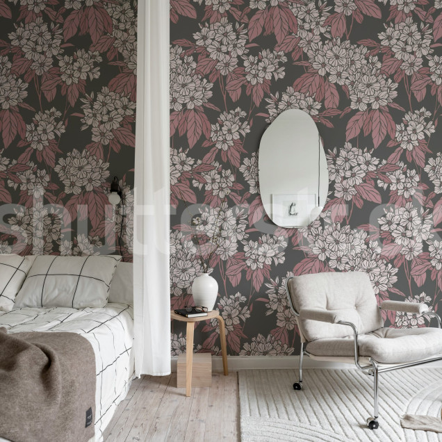 Tapet floral roz cu fundal gri, design interior elegant