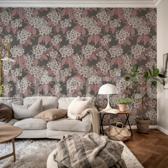 Tapet floral roz cu fundal gri, design interior elegant