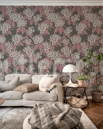 Tapet floral roz cu fundal gri, design interior elegant