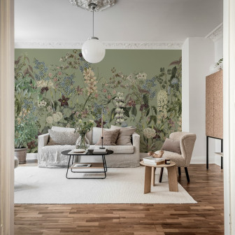 Tapet floral verde în living