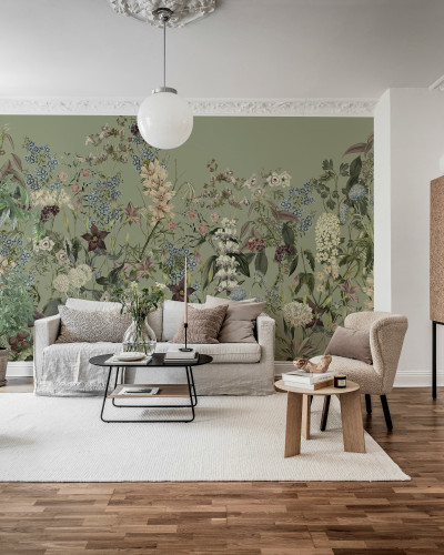 Tapet floral verde în living