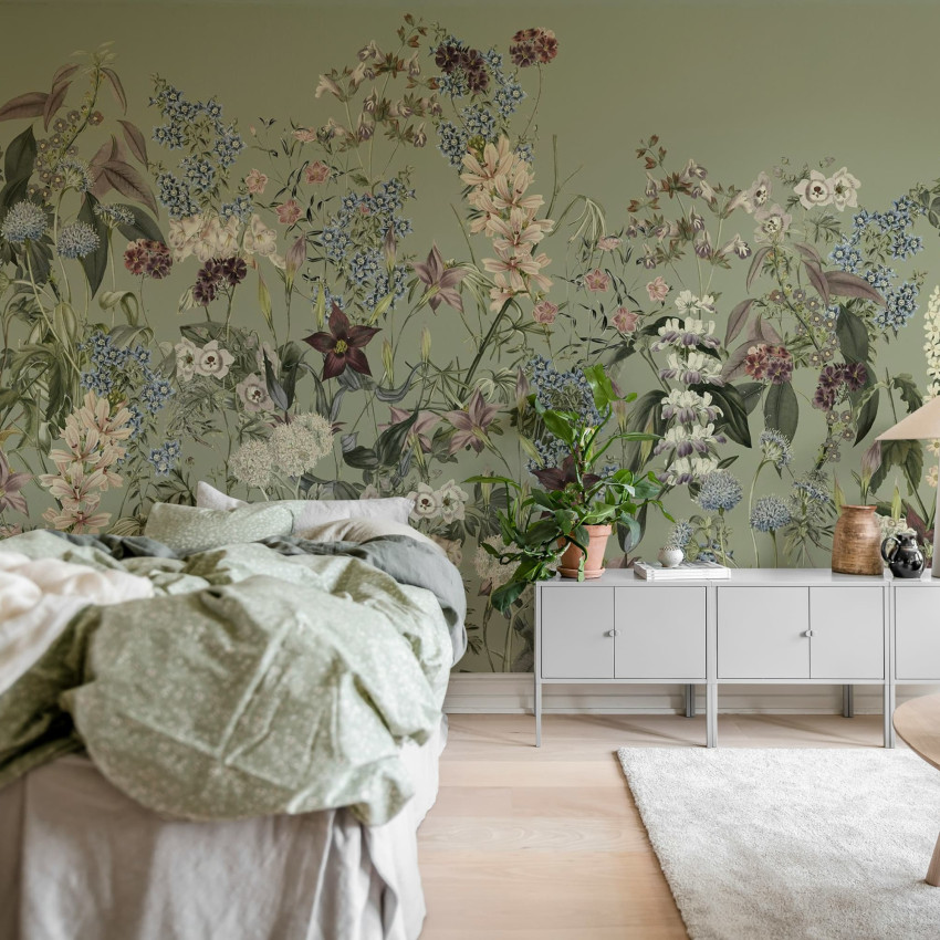 Fototapet cu design floral pe fond negru