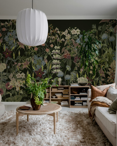 Fototapet cu design floral pe fond negru
