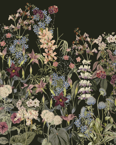 Fototapet cu design floral pe fond negru