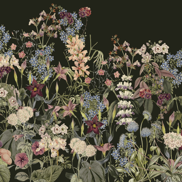 Fototapet cu design floral pe fond negru