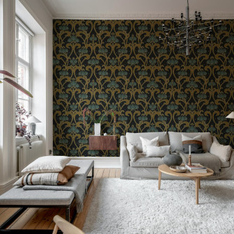 Tapet floral maro Art Nouveau într-un living elegant
