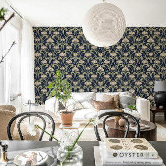 Tapet floral Art Nouveau albastru în living