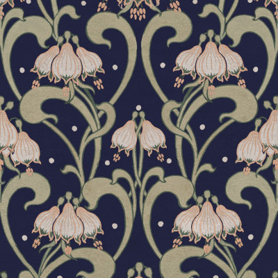 Tapet floral Art Nouveau albastru în living
